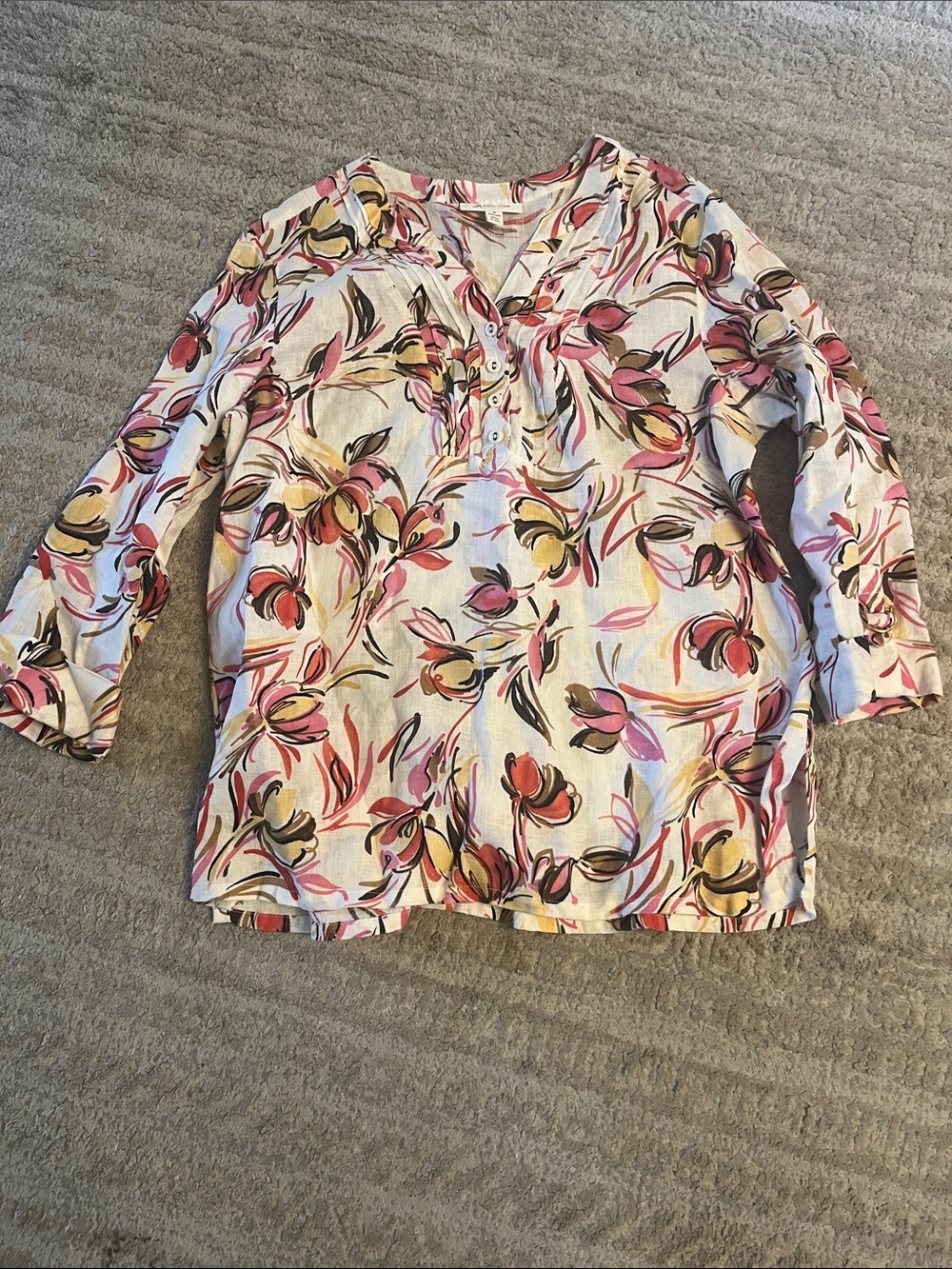 JM Collection Floral 100% Linen Pink and Yellow V-Neck Long Sleeve Tunic Top 14